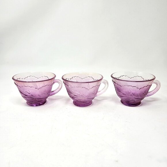 Vintage Indiana Glass Pebble Leaf Tea Cups Pink Floral Pressed 3pc Set - Picture 1 of 16